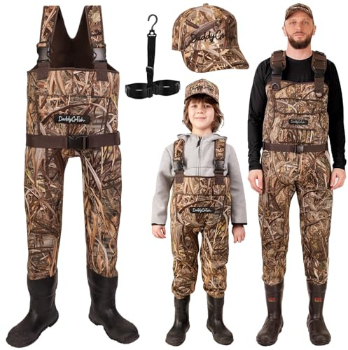 DaddyGoFish Neoprene Chest Waders for Kids and Adults, BootFoot, Fishing & Hunting with a Camouflage Caps, and a Wader Hanger