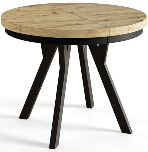 AlpiMeble Runder Esszimmertisch EVO, ausziehbarer Tisch Durchmesser:100 cm bis 200 cm, Wohnzimmertisch Farbe: Artisan, mit Holzbeinen in Farbe Schwarz