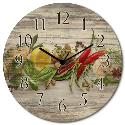 ARTLAND Wanddeko Wanduhr Holz Funkuhr ohne Tickgeräusche lautlos rund Ø 30 cm Küchenuhr Kräuter Gewürze U1RK