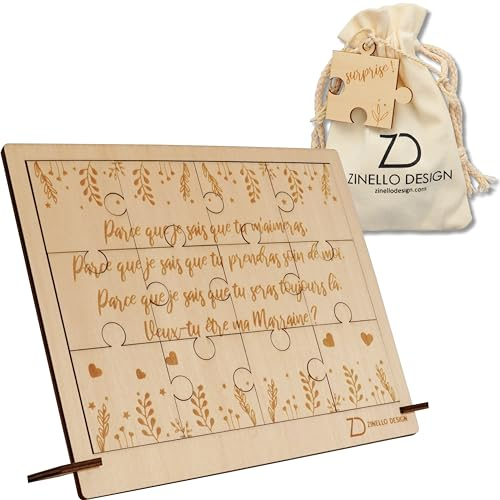 Zinello Design Schwangerschaftsanzeige-Puzzle aus Holz für Patin, originelle und personalisierte Puzzle-Geschenkidee für Ihren Heiratsantrag, Geburtsanzeige, mit Geschenktüte (mit Rahm
