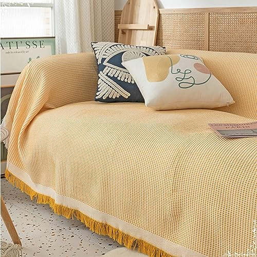 KnSam Home Sofabezug, Einfarbig Waffle Sofabezug 4 Sitzer mit Quaste, Superweiche Sofaschoner Polyester für Wohnzimmer (180x380CM, Gelb)