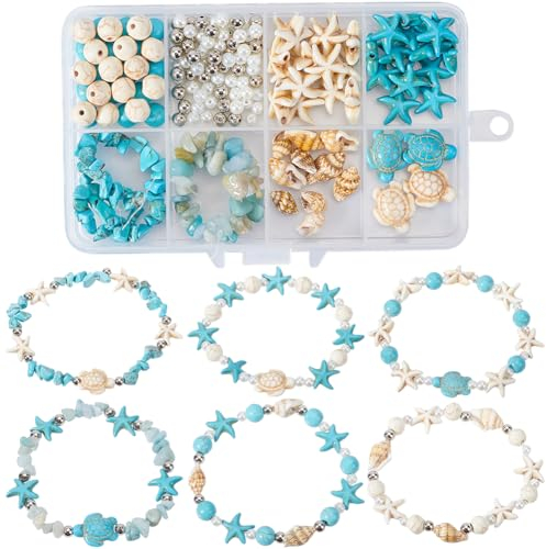 SUNNYCLUE 1 Box 6 Sets Sommer Armband Bastelset Seestern Meeresschildkröte Perle Ozeantier Perlen Glücks Türkis Perle Edelsteinsplitter Muschelanhänger Für Schmuckherstellungs Sets Für Erwachsene Bast