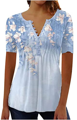 Damen Henley Shirt 2024 Komfortabel Baumwolle T-Shirt Damen V-Ausschnitt Tunika Tops Knöpfe Bluse Kurzarm Sommer Oberteile Blumen Bluse Longshirt Elegant Falten Tunika