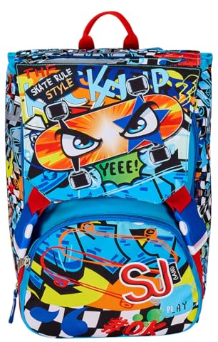 SJ GANG STYLE JAM GANG Erweiterbarer Schulranzen, ab 1. Klasse, Schulrucksack mit Extra Volumen; Geräumige Schultasche für Mädchen und Jungen, mit Trinkflaschenfach, blau