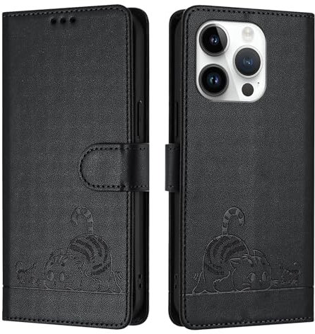 ScandiCasis iPhone 13 Pro Flip Case, Cat Pattern Leather Cover with [Card Slots] [RFID] [Wallet] [Kickstand] Shockproof Case, Black