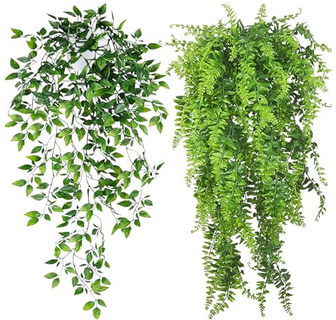 INSANYJ Artificial Plants Indoor Outdoor, Fake Plants with Pot, Faux Hanging Plants Decor for Home Indoor Outdoor Use-Wall Bedroom Shelf Table Patio Decor (1+1 Green)