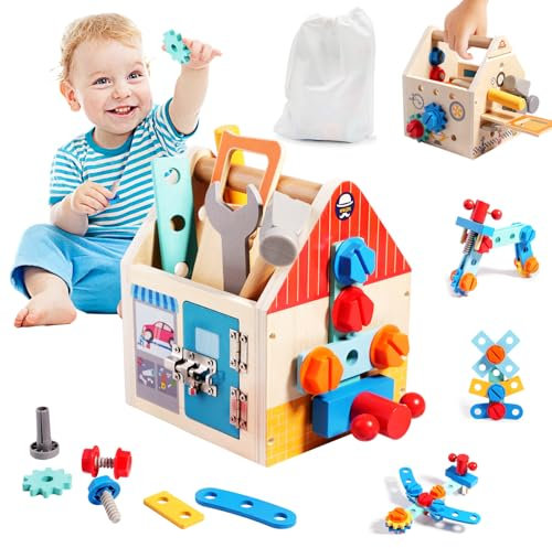 LAIKEUP Maletín de Herramientas para niños a Partir de 2 años Caja Herramientas Educativos Cajas de Madera Juguetes Niños 2 3 4 Años, Juguetes Herramientas Bricolaje Juguetes Niños 3 4 Años