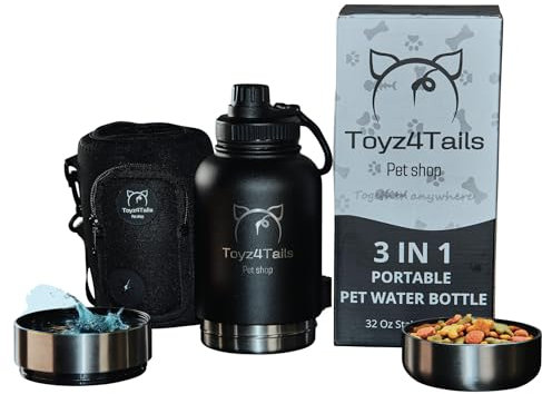 Toyz4Tails Bebedero de Perro portátil 3 en 1 con Funda. Botella de Agua para Perros antigoteo de 1L de Capacidad. Botella de Agua para Perros Resistente. Bebedero para Mascotas.