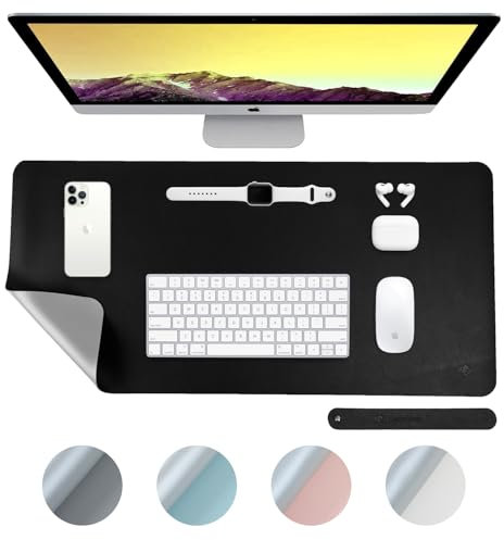 DesireTech Reversible Large Office Desk Mat- Dual-Sided Desk Mat, Waterproof Faux Leather Table Surface Protector Desk- Laptop Mat & Mouse Pad (Black/Silver, Large (43 x 89cm)