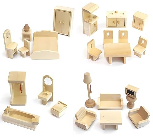 Puppenhaus Einrichtung - Puppenhaus Zubehör - Puppenhaus Möbel Holz - Puppenhaus Ausstattung - Puppen Möbel - Möbelset - Puppenmöbel - Puppenhausmöbel - Freda Holz 28 Teile + Babywiege Babybett rot