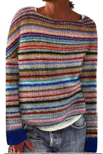 YONGLSP Norwegian Sweater Women, Women's Knitted Print Retro Sweater Crewneck Long Sleeve, Autumn and Winter Casual Loose Knit Jacquard Sweater (Rainbow Stripes,M)