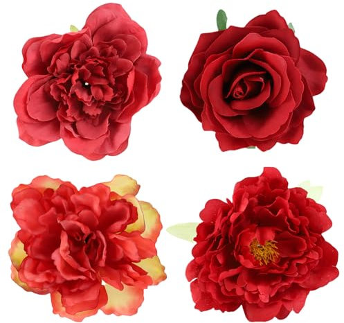 RoxNvm Blumen Haarklammer 4 Stück - Große Ansteckblume Haarspange in Rot für Mädchen - Flower Hair Clip