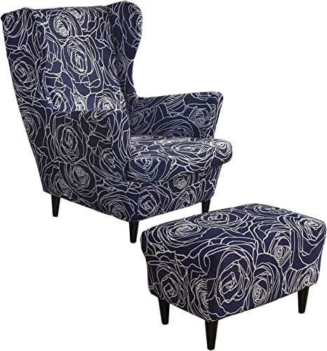 ZGantrix Ohrensessel überzug mit Hocker Bezug, 2 Teilig Sessel-Überwürfe+1 Teilig Ottomane Schonbezug, Beige/Grün/Rosa/Blau Ohrensessel Schonbezüge Sesselhusse Stretch Tiger Stuhlbezug mit Armlehne