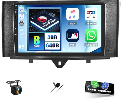CAMECHO Android 15 Qualcomm 8Core 4G+64G Autoradio für Mercedes-Benz Smart Fortwo W451 2011-2015 mit Carplay Android Auto Navi Dual WiFi 9-Zoll Bildschirm mit Navi Bluetooth5.1 FM/RDS+Rückfahrkamera