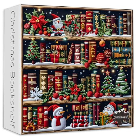 Christmas Bookshelf 1000 Piece Puzzle for Adults, PICKFORU Colorful Book Pages Jigsaw Puzzles Santa Claus Snowman, Hard Difficult Embroidery Library Theme as House Decor