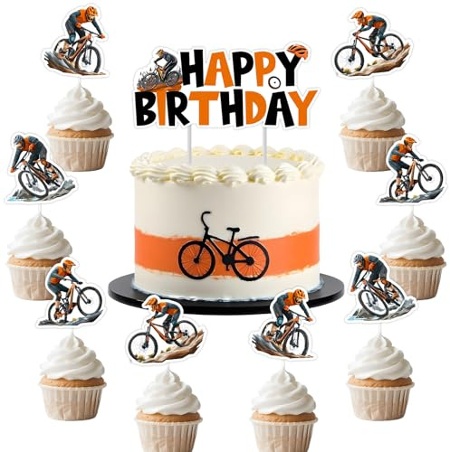 Funmemoir Bicycle Birthday Decorations - Happy Birthday Cake Topper and 24pcs Double-Sided Cupcake Toppers, Bicycle Cake Decorations for Boy Men Extreme Sports BMX Cycling Theme Party Decor