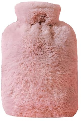 Hot Water Bottle with Soft Rabbit furr Cover, 1L Leakproof Hot Water Bag for Neck, Shoulder Pain and Hand Feet Warmer Back & Hands Fluffy Cosy Design for Pet, Men, Women, Winter Comfort