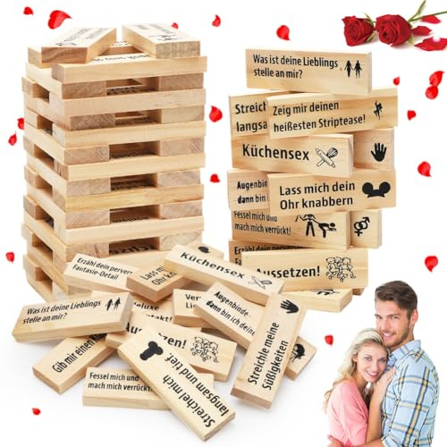 DASIAUTOEM 48 Stück Block Tower Spiel, Valentinstag Blockturm Paarspiele, Love & Naughty Stapelturm Holzblöcke, 48 Holzblock Spiel Herausforderungen für Paare Verabredungen