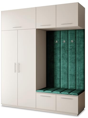 Masseno Flugarderoben Set Rema, Kleiderschrank-Set mit Sitzbank, Garderobenschrank Flur mit 5 Regalböden, Kaschmir