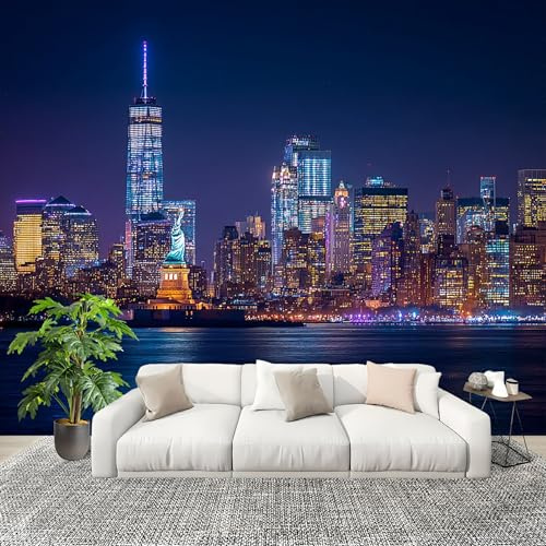 Vlies Fototapete Kinderzimmer Landschaft New York City Bei Nacht Moderne Vliestapete Wandtapete, Fototapeten für Schlafzimmer, Wohnzimmer, Blau Kindertapete Wanddeko 450x315 cm