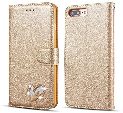 QLTYPRI iPhone 7 Plus 8 Plus Hülle, Glitzer Handyhülle PU Ledertasche TPU Etui Handschlaufe Kartenfach mit Eingelegten Liebe Herz Diamond Flip Schutzhülle für iPhone 7 Plus 8 Plus - Gold