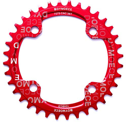 Dymoece Schmales, breites Fahrrad-Kettenblatt 104BCD 32T/34T/36T/38T für 9 10 11 Gänge (rund, schwarz/rot, perfekt für die meisten Shimano- und Sram-Kurbelsätze (rot, 36T)