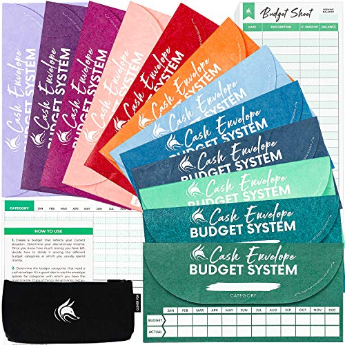Clever Fox Geldumschläge für das Budgetsystem - Geldumschläge zum Budgetieren und Sparen, 12er-Pack in verschiedenen Farben, reiss- und wasserfest, + Tragetasche & 12 Budgetblätter - Sortierte Farben
