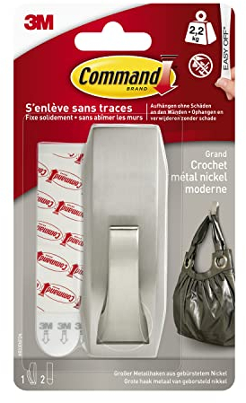 Command Metallhaken Modern Reflection, gebürstetes Nickel - 1 Metallhaken und 2 Klebestreifen - Zum Aufhängen von Taschen und Kleidung - Haken für Wand oder Tür, ohne Bohren, hält bis zu 2,2 kg