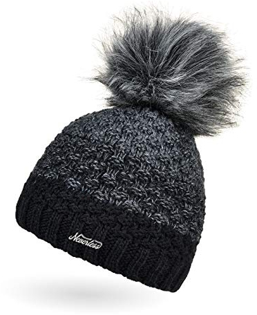 Neverless® Damen Strick-Mütze gefüttert Fleece-Innenfutter Fell-Bommel Kunstfell Winter-Mütze Bommelmütze Grobstrick Mehrfarbig schwarz-dunkelgrau