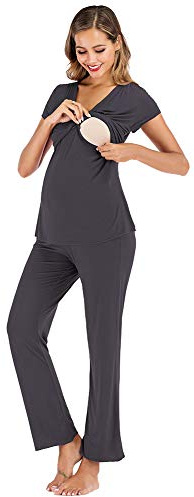 rismart Femme Ensemble de Pyjama de Maternité et d'allaitement Manche Courte Grossesse Vêtements de Nuit T-Shirt et Pantalon (Gris Foncé,XXL)