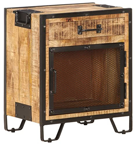 vidaXL Raues Mangoholz Massiv Nachttisch mit 1 Schublade 1 Stahlgittertür Nachtschrank Nachtkonsole Nachtkommode Schlafzimmer Kommode Schrank 43x30x51cm