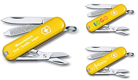 Victorinox Taschenmesser CLASSIC SD mit Wunschdruck auf der Schale I Geschenk für Männer Frauen I Geschenke zum Geburtstag I 7 Funktionen Sunny Side 0.6223.8G (gelb)