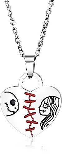 HAYOUWAY Jack und Sally Nightmare Before Christmas Halskette mit Herz Anhänger Schädel Schmuck Geburtstag Halloween Geschenk für Damen Mädchen Freundin