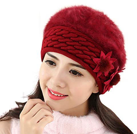 LIANGFANG Damenhut Strickmützen Elegant Wollmütze Damen Winterhut Filz Fischerhut Einfarbig Fedora Hut Topfhut Wollhut Schneedicht Damenmütze Weich Glockehut, AAC01, Wein, Einheitsgröße