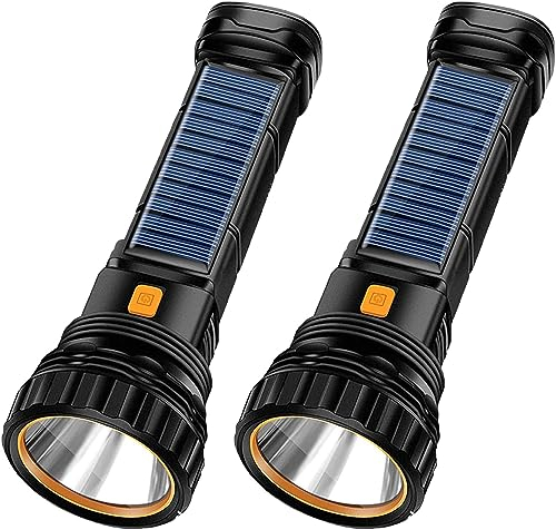 E-SHIDAI, Linterna solar recargable multifuncional, LED de 1000 lm, luz estroboscópica de emergencia, batería de 1200 mAh, alimentación de emergencia, cable de carga USB, carga rápida (2 unidades)