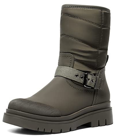 DREAM PAIRS Damen Schneestiefel Glattes PU Dicke Sohle mit Riemchenbesatz am RistOlivgrün,Size 38,Olivengrün,SDSB2202W-E