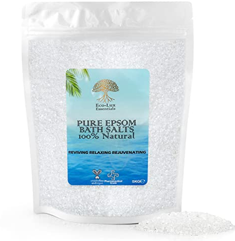 Eco Lux UK - 5 kg de sales de Epsom Premium 100 % puras naturales (grado alimenticio) de sulfato de magnesio para baño para aliviar los músculos doloridos, rejuvenecedor, relajante, apoya el sueño,