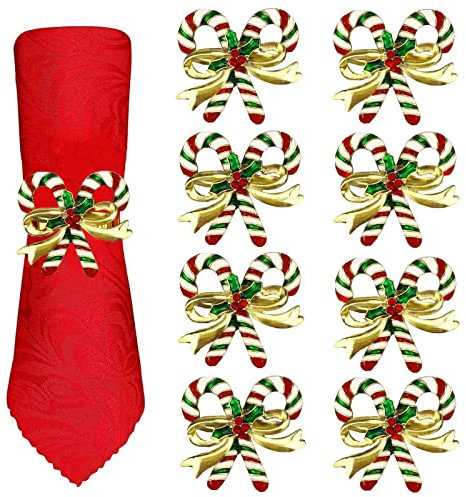 Gold Weihnachten Serviettenringe Halter Set von 8 Zuckerstangen Thanksgiving Urlaub Winter Tangcii Serviettenring Bulk für Weihnachten Abendessen Esstisch Servietten Dekorationen (Zuckerstangen)