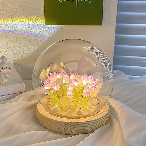 EONANT DIY Tulpe Nachtlicht, handgemachte Imitation Blume Wohndekoration Schlafzimmer Schlaf Tischlampe Kinder und Mädchen Liebhaber Geschenke Atmosphäre Lampe Schreibtisch Ornamente (Lila 13LED)