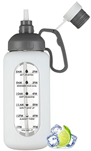 MUKOKO 64oz Glass Water Bottles with Straw, Half Gallon Water Jug with Time Marker, Sports Large Motivational Bottle with Silicone Sleeve, White