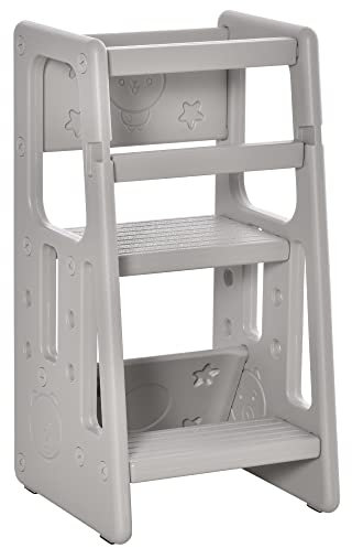 HOMCOM Scaletta per Bambini Torre Montessoriana Altezza Regolabile 3 Livelli, HDPE Inodore, 47x47x90cm, Grigio