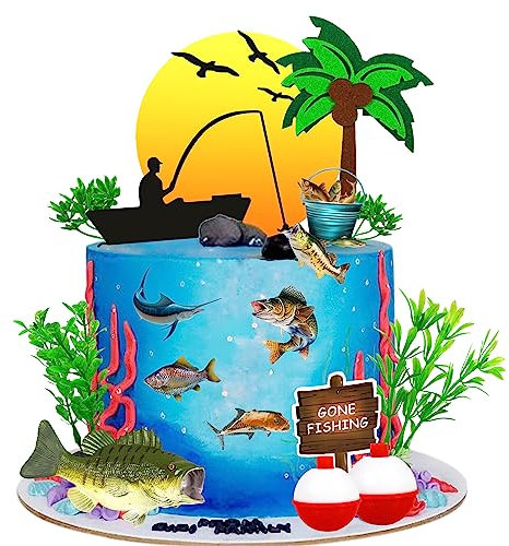 17 PCS Gone Fishing Cake Topper Fish Cake Topper Fisherman Themed Birthday Cake Decorations with Sea Bass Seaweeds for Man Kids Boy Fisherman (Fishing)