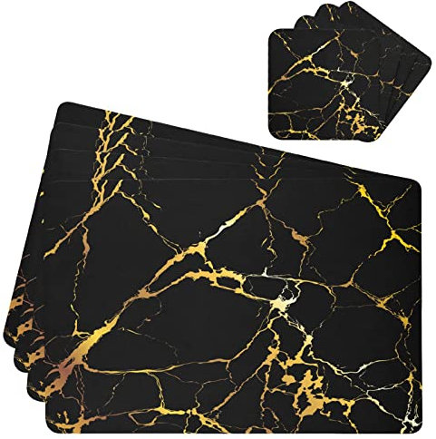 Placemats and Coaster Set of 4, Black Gold Marble Table Mats PVC Heat Resistant Waterproof Non-Slip Dinner Table Mats for Kitchen Mat Table Indoor Outdoor