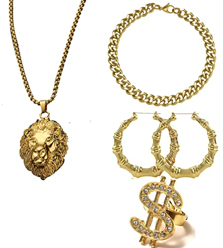 Guoguonb 4PCS Hip Hop Punk Stil Legierung Halskette Armbänder Ohrringe und Ringe Löwenkopf Anhänger Vergoldete Kette US Dollar Ring für Rap Sänger Trendparty Karneval Fasching Party