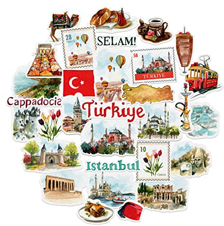 Navy Peony Verführerische Türkei Reiseaufkleber (31 Stück) – Aquarell, ikonische Istanbul-Türkisch-Aufkleber für Journale, Scrapbooks, Wasserflaschen und Koffer