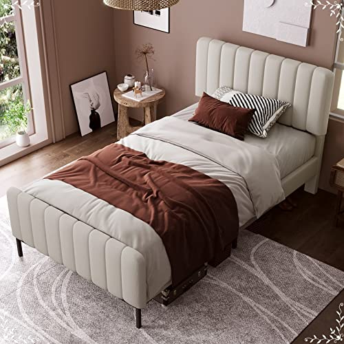 AMDXD Polsterbett Einzelbett 90 x 200 cm, Bettgestell mit Lattenrost und Verstellbares Kopfteil, Gepolstertes Bett in Beige, Bettrahmen Jugendbett für Schlafzimmer Gästezimmer - Leinenmaterial