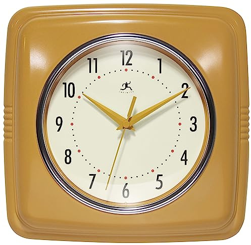 Infinity Instruments, Retro-Wanduhr, 22,9 cm quadratische Uhr, lautlos, Nicht tickend, Mitte Jahrhundert modern, Küchenuhr, Bürouhr, Diner Wanduhr, Vintage Wanduhr dekorativ, Safran