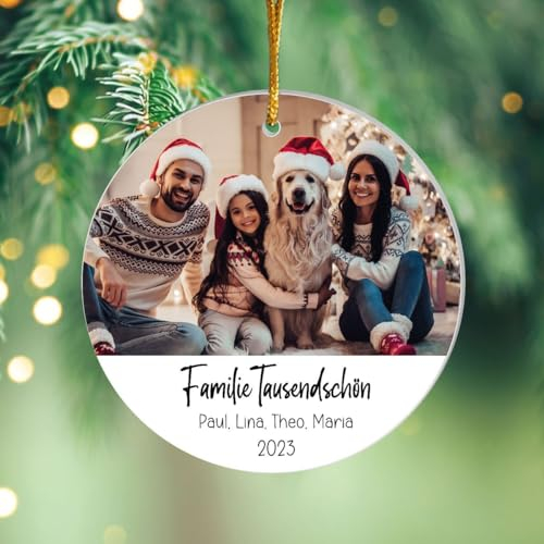 Geschenke.de Acryl-Anhänger Familie mit Foto & Namen – Schöne Idee als Weihnachtsbaumschmuck – Dekoartikel mit Band zum aufängen & Organzabeutel – Geschenkidee zu Weihnachten, Geburtstag – ⌀ 9cm