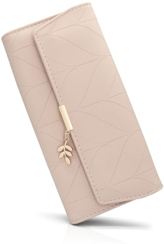 Portefeuille Femme Longue PU Cuir, Porte Monnaie Femmes Grande Capacite avec Compartiment à Monnaie Zippé, Longue Porte Feuilles pour Femme avec 9 Emplacement de la Carte (C-Rose)
