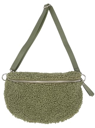 Lolus Damen Crossbag Schultertasche Umhänge Tasche in Gr. L Gürteltasche Crossbody Bag Teddy Stofftasche - Fluffy (olive)